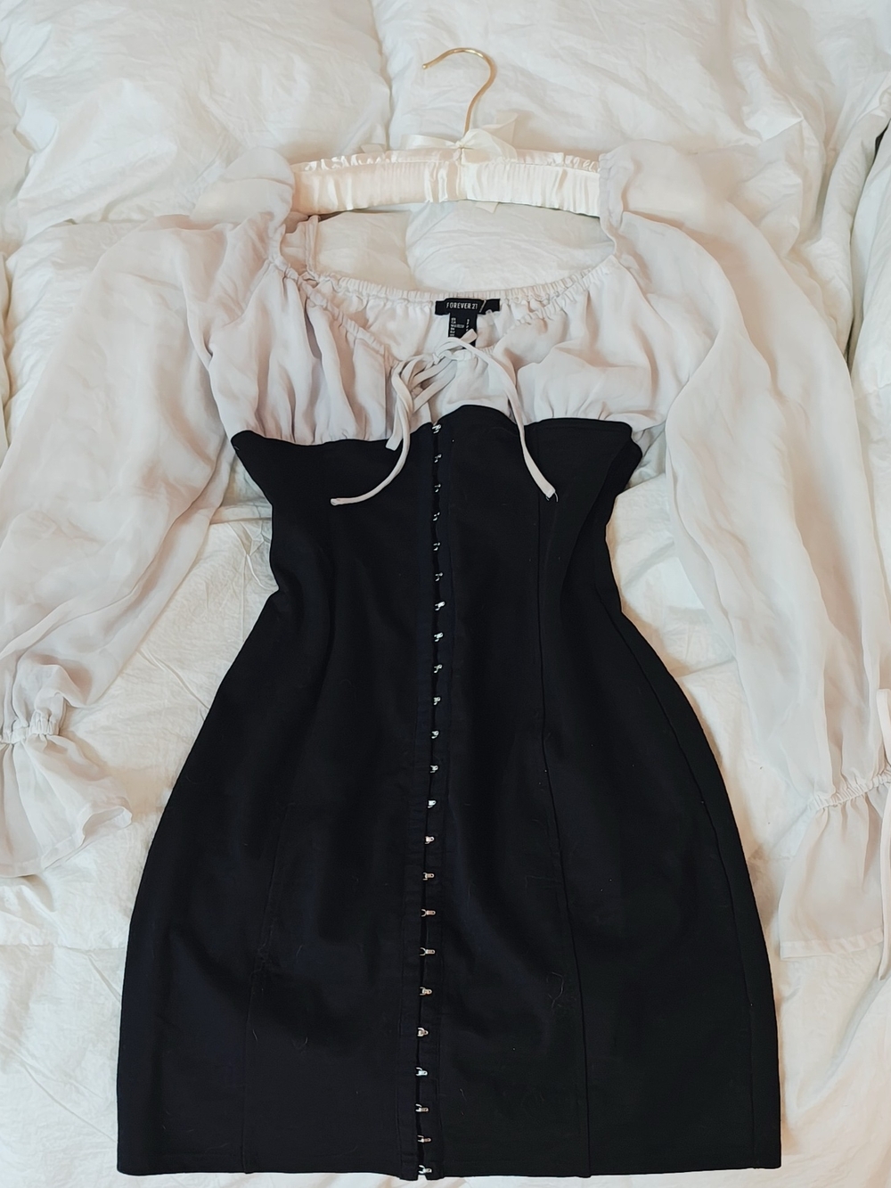 Forever 21 Black Bodice with White Puff-Sleeve Mini Dress